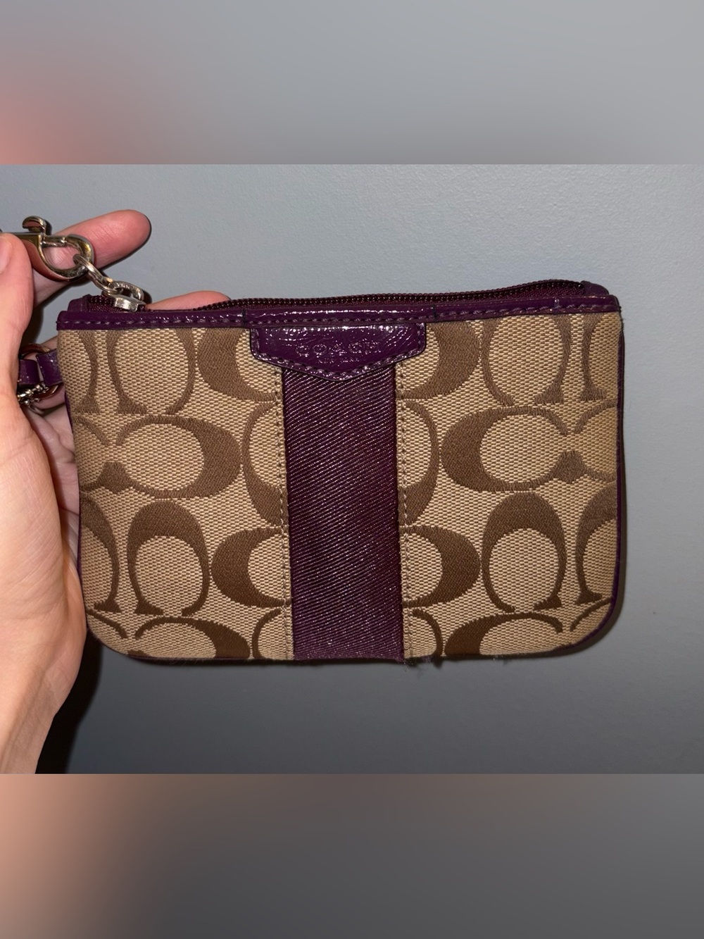Coach Small Signature Wristlet in Brown and Plum